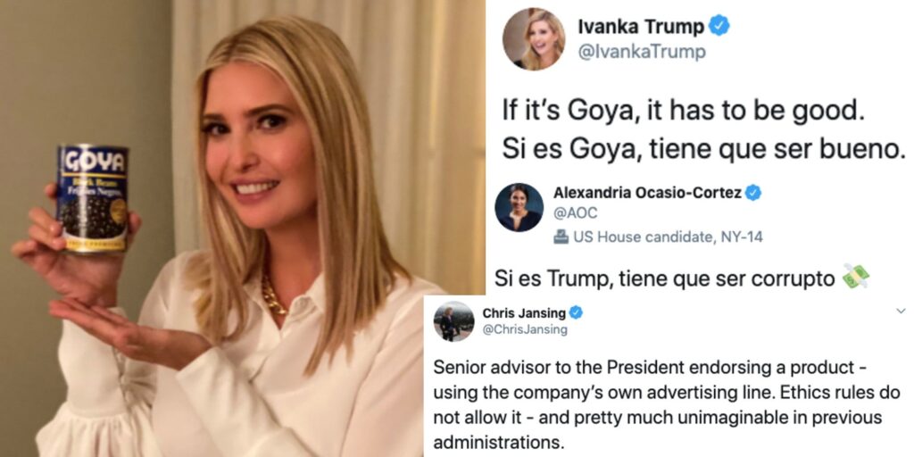 Screenshot collage: Ivanka Trump’s tweets endorsing Goya, and responses