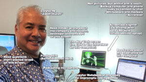 Photo: Joey deVilla at his home office among a couple of laptop computers, a podcasting microphone, and many screens.