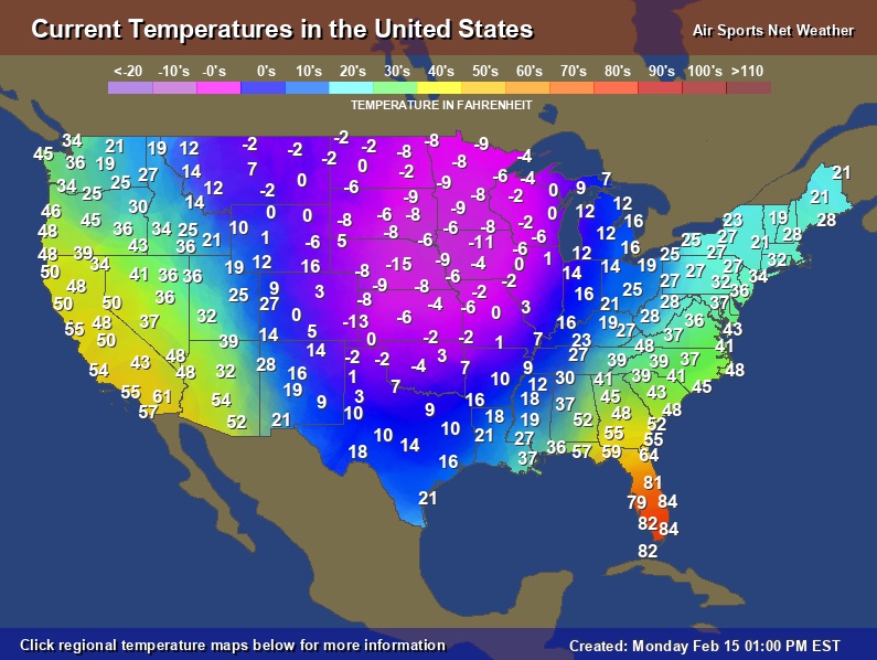 Weather map of the United Stated dated February 15, 2021, showing near-freezing, freezing, or sub-freezing temperatures for most of the country, except Florida, with temperatures ranging from 79°F to 84°F (26°C to 29°C).