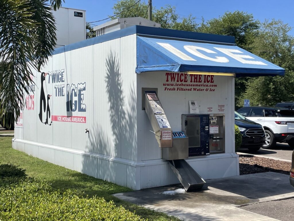 A closer look at the automated ice dispensing station on Florida Avenue, as seen from the sidewalk.