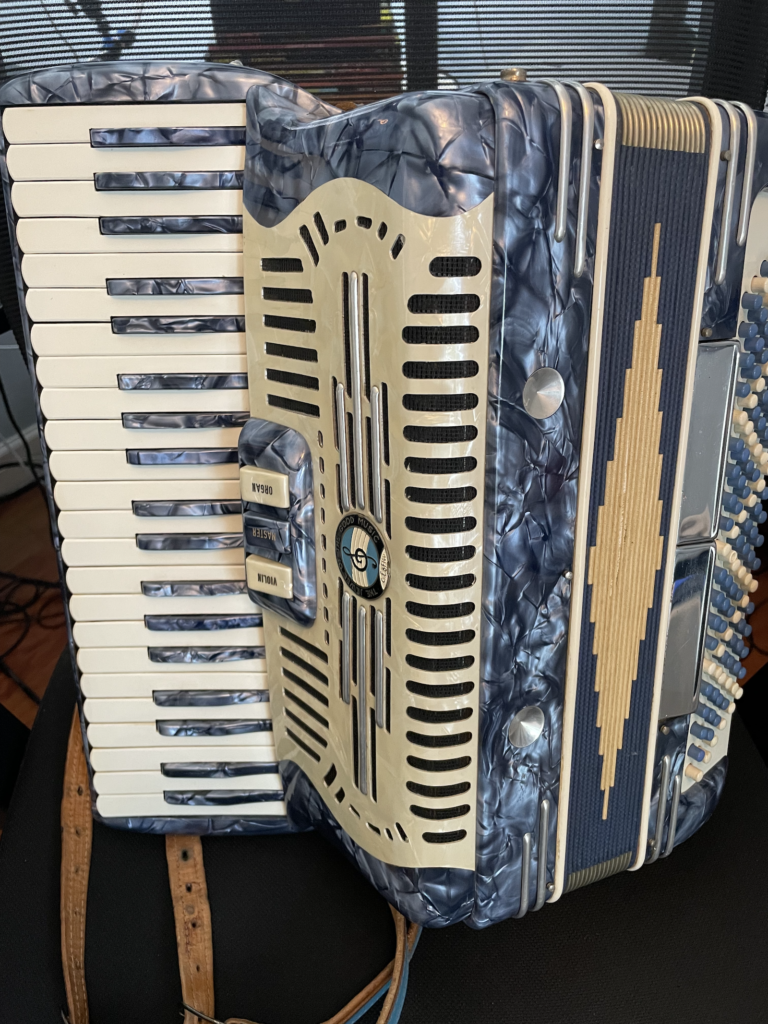 Joey deVilla’s blue “Valenti” 120-bass accordion.