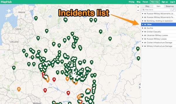 Screenshot: Map with incidents list highlighted