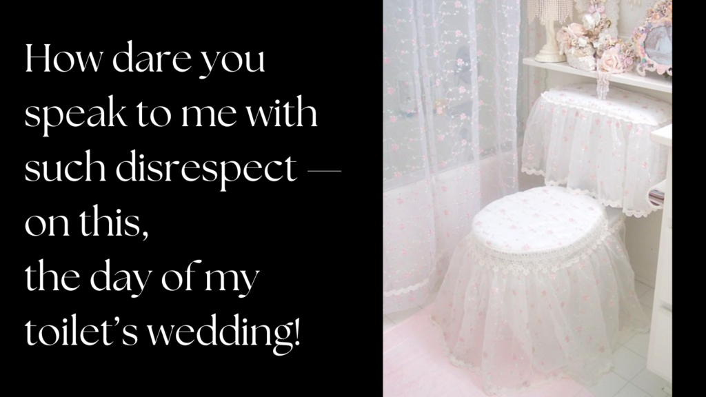Toilet with frilly white coverings. Caption reads “How dare you speak to me with such disrespect — on this, the day of my toilet’s wedding!”