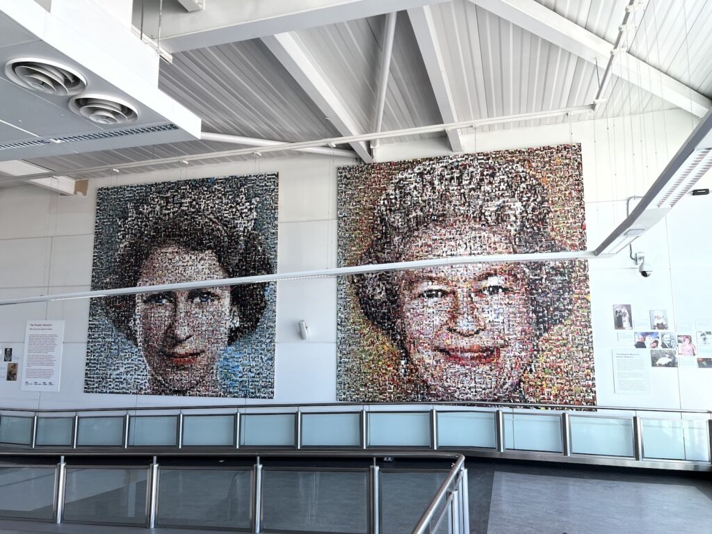 Photo: Photos at Gatwick airport assembled to create two giant portraits of Queen Elizabeth II — one of her when she was crowned, and one of her today.