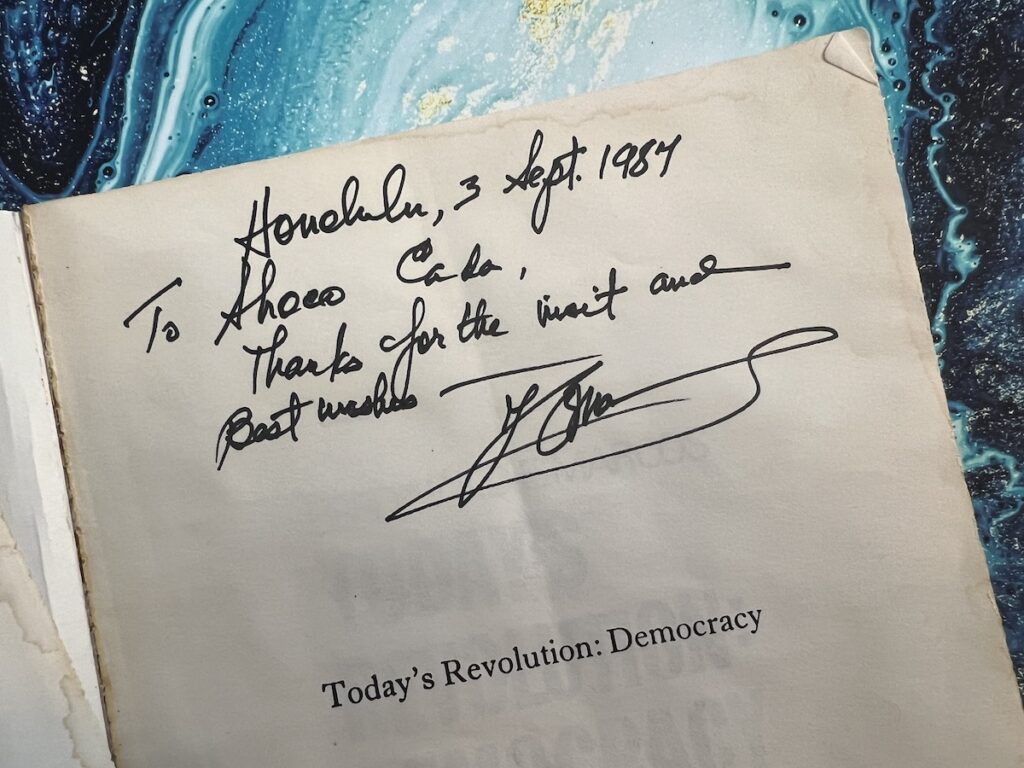 The page before the title page, which is signed “Honolulu, 3 Sept. 1987 / To Shoco Cada (?) / Thanks for the visit and / Best wishes, / Ferdinand E. Marcos””