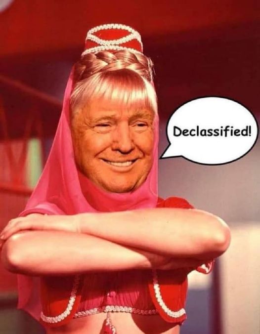 Donald Trump as “Jeannie” from “I dream of Jeannie,” saying “Declassified!”