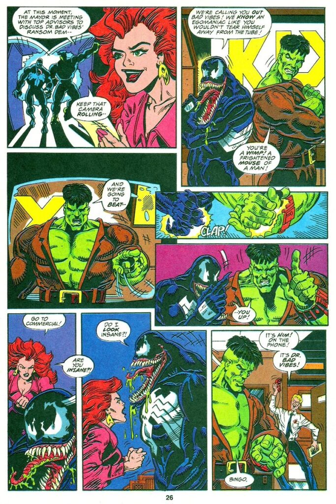 Page 28 from “Incredible Hulk vs. Venom,” issue 1. Features a scene where Venom and Hulk barge into a live TV news report and trash-talk “Dr. Bad Vibes.” They end their taunting with “We’re going to beat (clap) you up!”