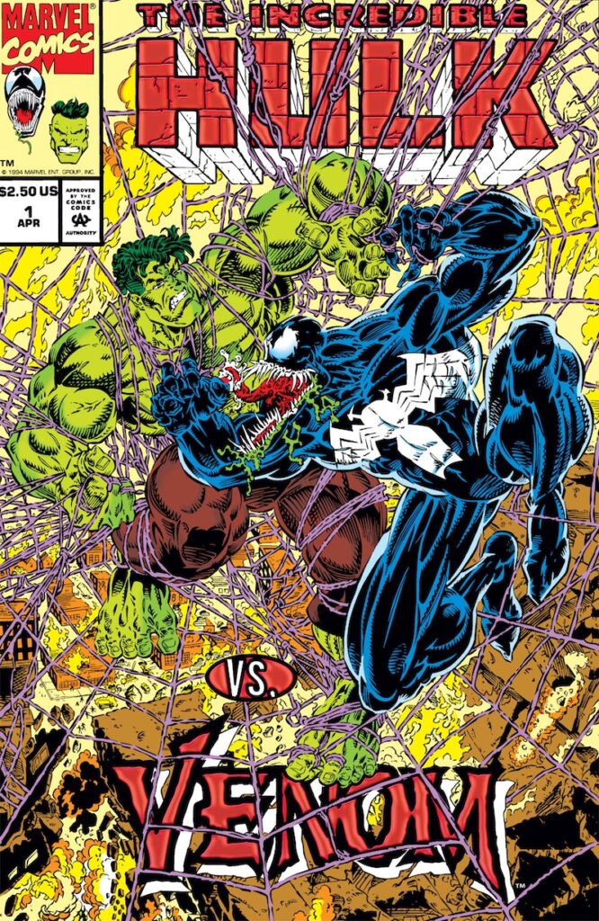 Cover of “Incredible Hulk vs. Venom,” issue 1. An incredibly 1990s-looking cover depicting Hulk and Venom fighting each other while tangled in a web.
