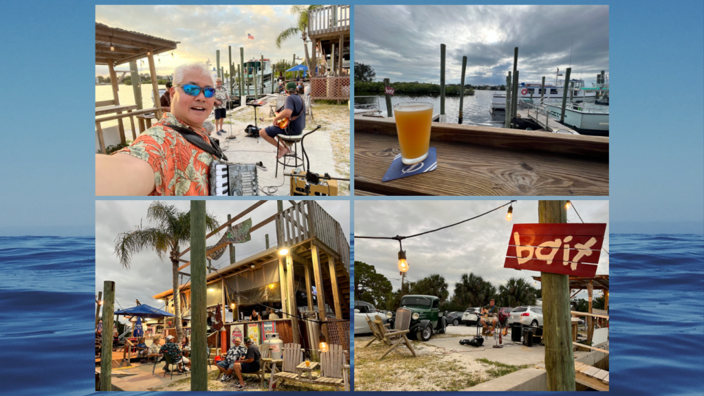 Collage of photos of Joey deVilla and Tom Hood and the Tropical Sons playing on the dock at Bayou Bistro