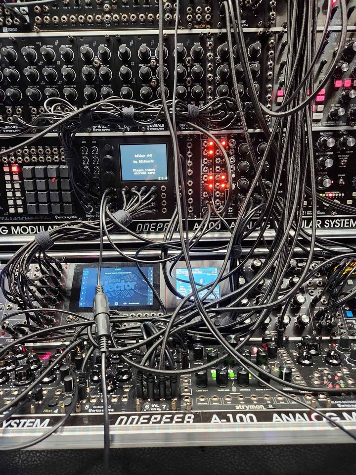 Closeup of synth system’s center and lower racks.