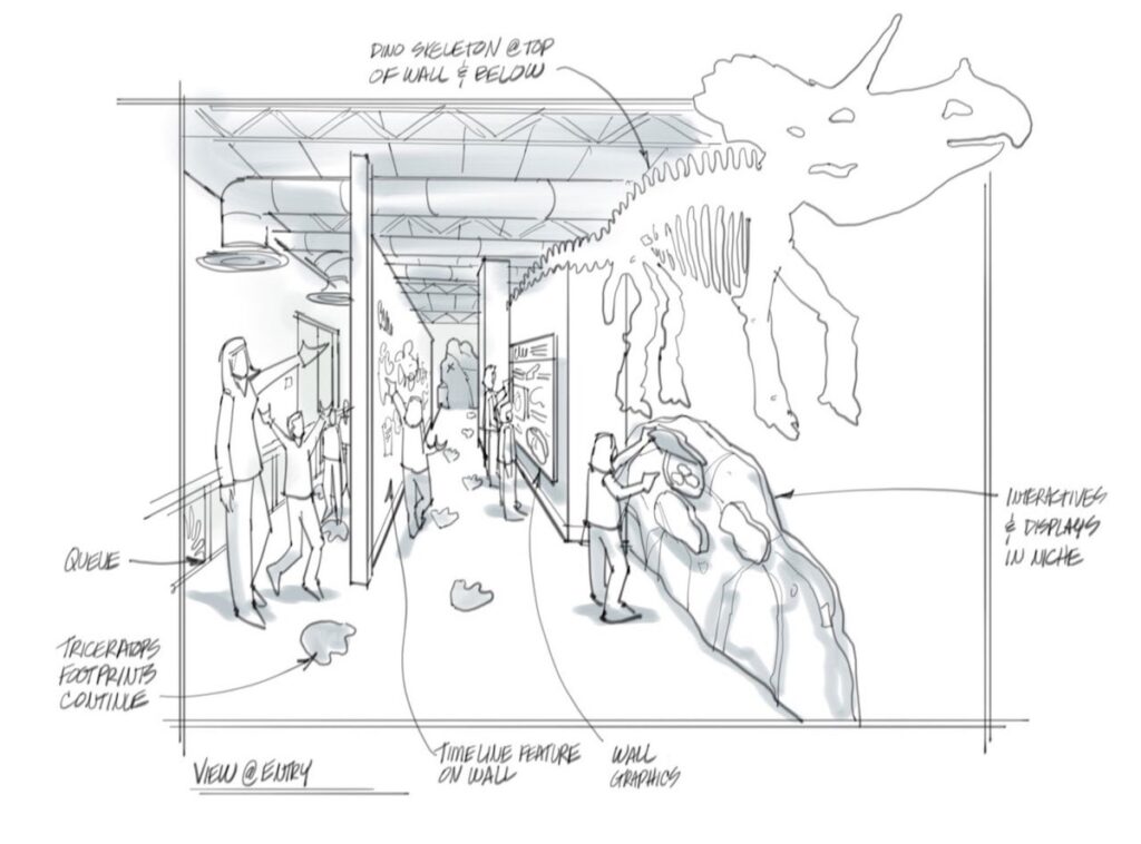 Artist’s concept illustration of the Big John exhibit for the Glazer Children’s Museum: A long hallway with displays about Big John.