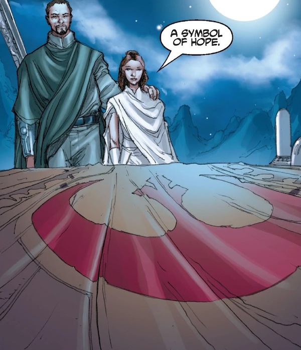 From a Star Wars comic book: Bail Organa and Princess Leia unveil the new Rebel flag with the red starbird. Leia says “A symbol of hope.”
