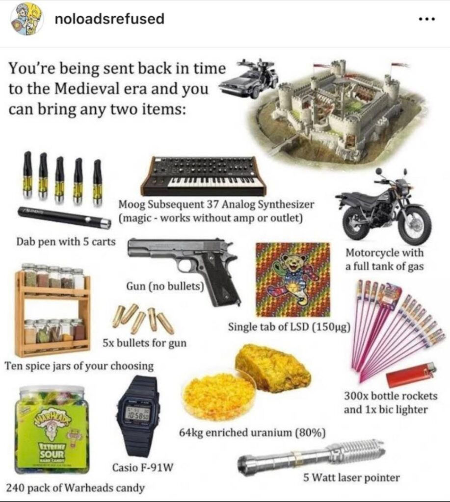 Graphic: “You’re being sent back in time to the Medieval era and you can bring any two items.” The items pictured are: Bottle rockets (300) and a Bic lighter
Bullets (5) for the gun
Casio F-91W digital watch
Dab pen with 5 cartridges
Enriched uranium (64 kg/141 lb, enriched to 80% U-235)
Gun (no bullets)
Laser pointer (5-watt)
LSD, single tab (150 micrograms)
Moog Subsequent 37 analog synth (magic; works without amp or outlet)
Motorcycle with full tank of gas
Spice jars (10 of your choosing)
Warheads candy (240 pack)