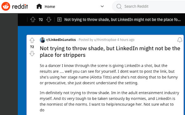 Reddit post: “Not trying to throw shade, but LinkedIn might not be the place for strippers”