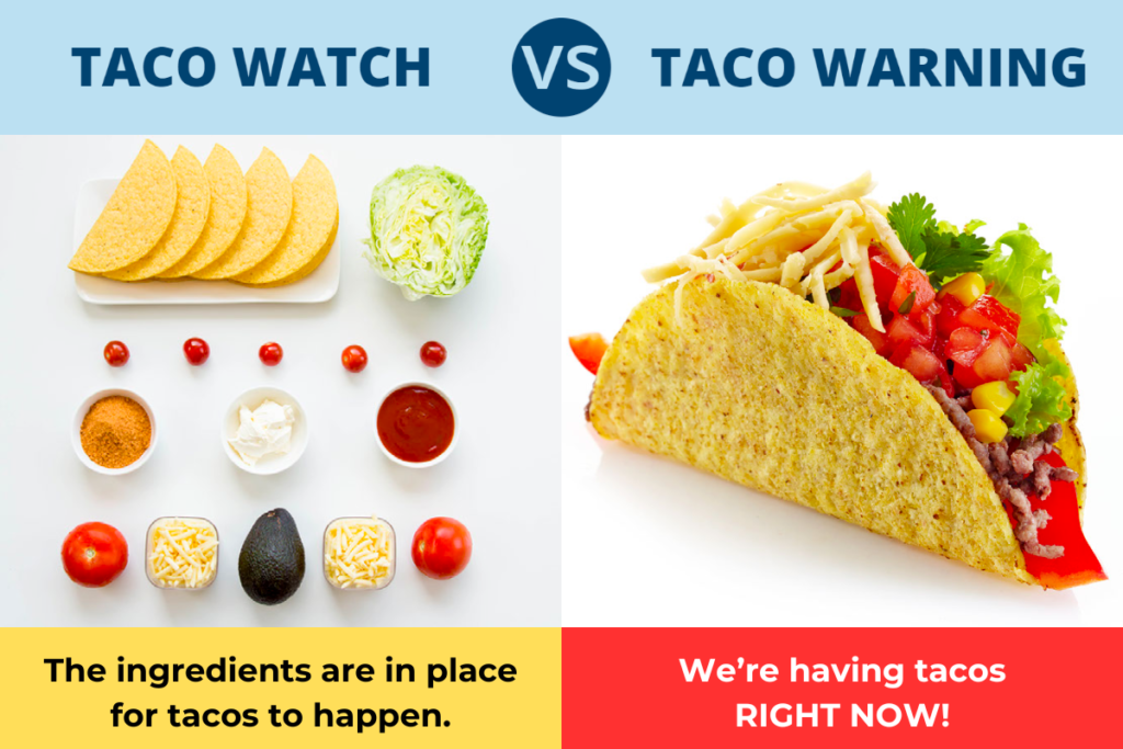 Taco watch vs. Taco warning:
“Taco watch” features taco ingredients and the caption “The ingredients are in place for tacos to happen.”
“Taco warning” features an assembled taco and the caption “We’re having tacos RIGHT NOW!”