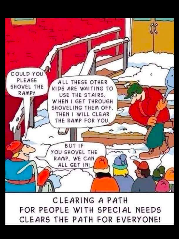 Comic showing people waiting at the bottom of a stair/ramp combo leading to a school as someone shovels the snow.

Person in wheelchair: Could you please shovel the ramp?

Shoveler: All these other kids are waiting to use the stairs. When I get through shoveling them off, the I will clear the ramp for you.

Person in wheelchair: But if you shovel the ramp, we can all get in!