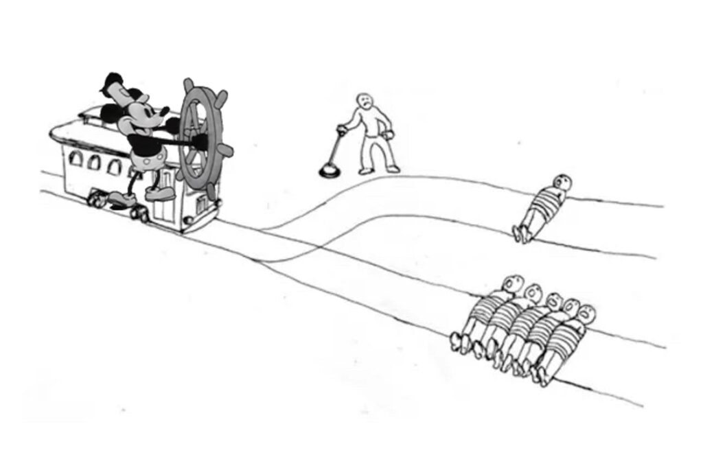 The classic “trolley problem” meme illustration, but with Mickey Mouse as “Steamboat Willie” at the helm of the streetcar.