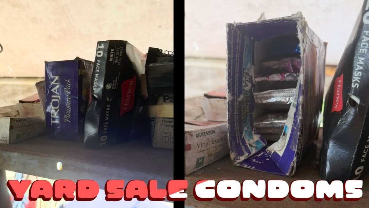 “YARD SALE CONDOMS”: Collage of photos of open, half-full box of condoms at a yard sale